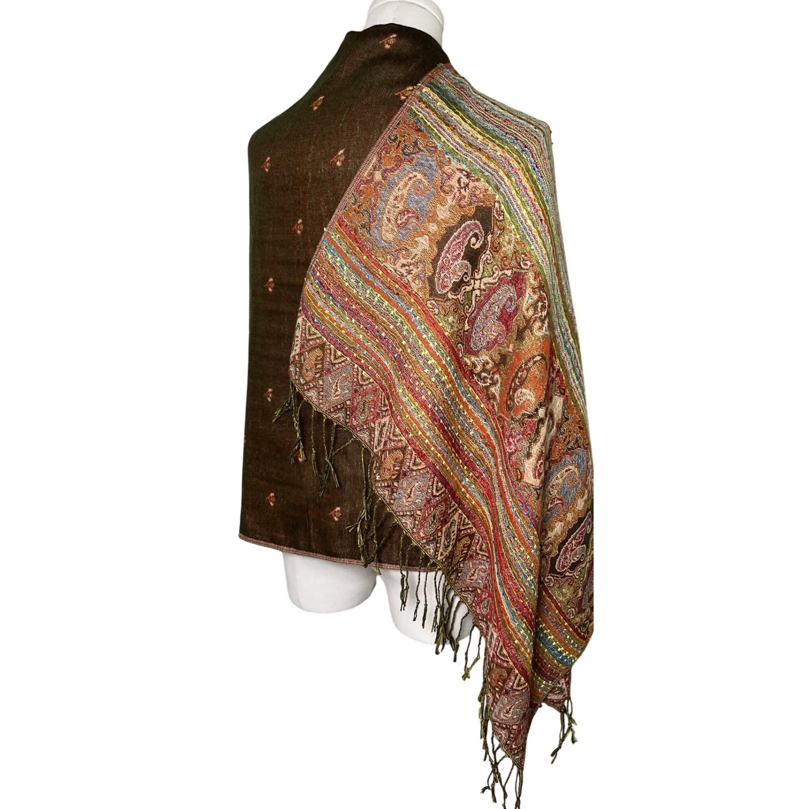 Boho Paisley Pashmina Silk Shawl Wrap Multicolor Fringe Pasmina Oversized - Image 2