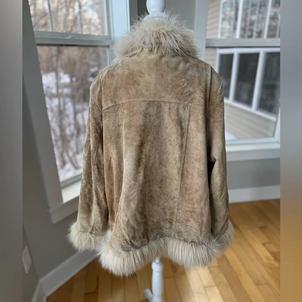 Vintage Avenue Genuine Suede Leather Faux Fur Trim Penny Lane Coat Jacket Sz XL Tan - Image 4