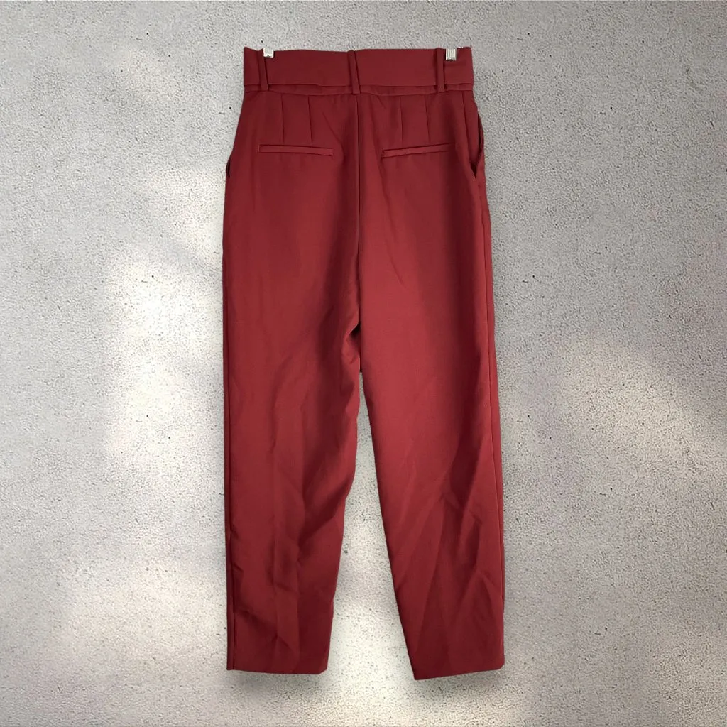 ZARA High Waist Pleated Trousers Women’s M Maroon Red Belted Quiet Luxury Chic - Image 2