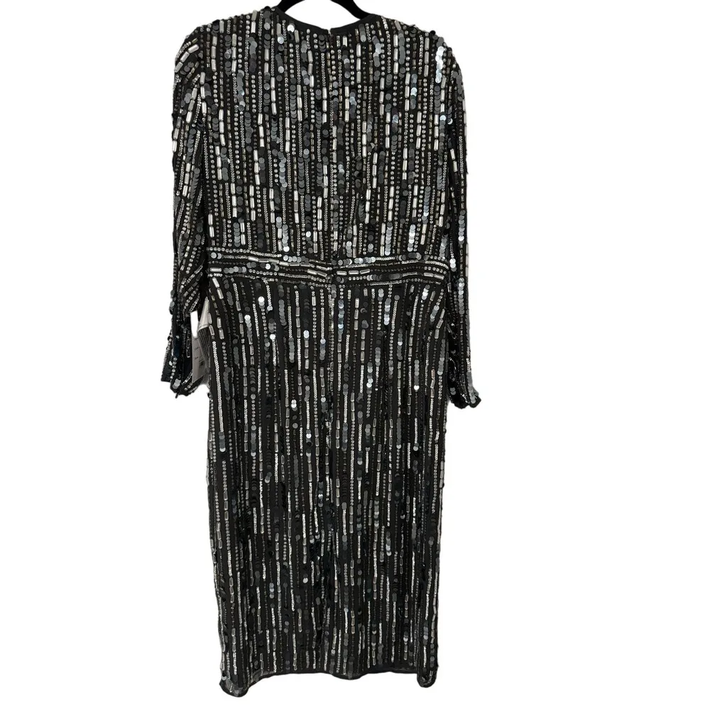 Mac Duggal Size 14 $598 NWT Embellished High Neck Long Sleeve Midi Dress Gray - Image 5