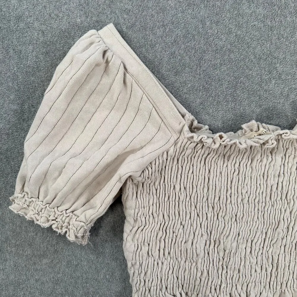 By Together Smocked Cropped Top Size Large Beige Ribbed Puff Sleeve Cotton Boho - Image 2