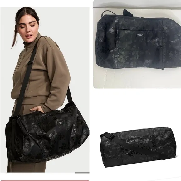 Victoria's Secret Black Floral Large Duffle Tote Bag Travel Gym Duffle New - Image 2