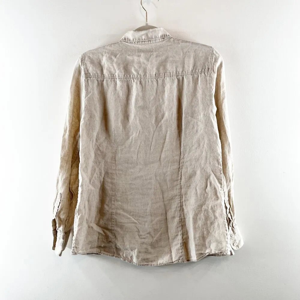 J. Crew Perfect 100% Linen Long Sleeve Collared Button-Up Shirt Beige 12 Petite - Image 11