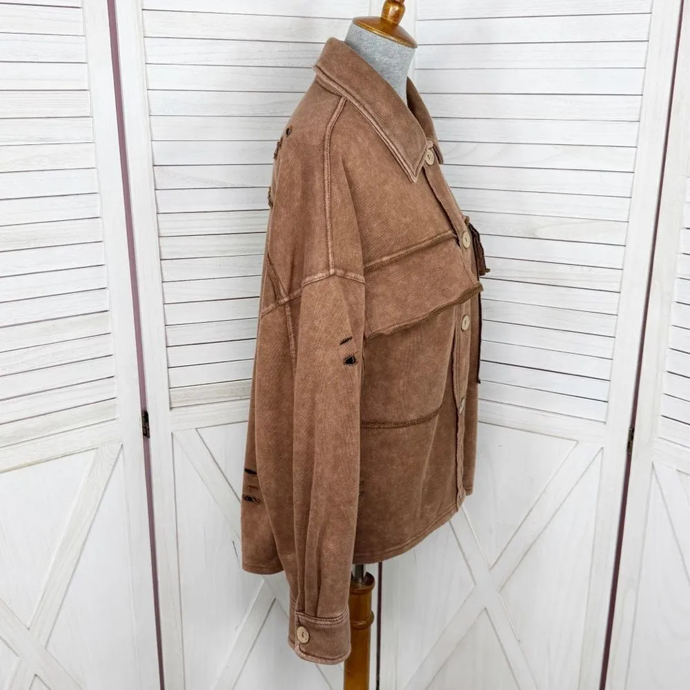 Oddy Distressed Jersey Knit Shacket Cropped Brown‎ Medium Large Brown - Image 3