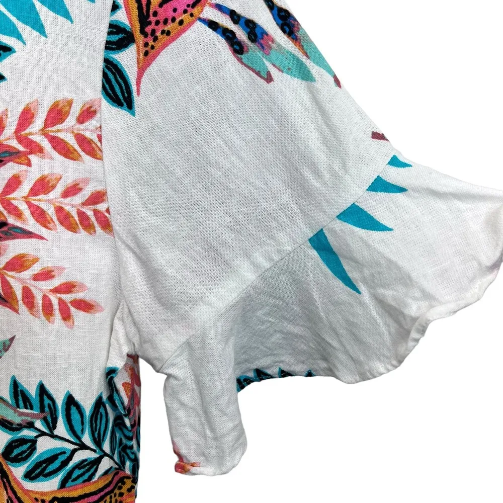 Van Heusen Womens Floral Linen Top White Size M Short Sleeve Round Neck Blouse - Image 4