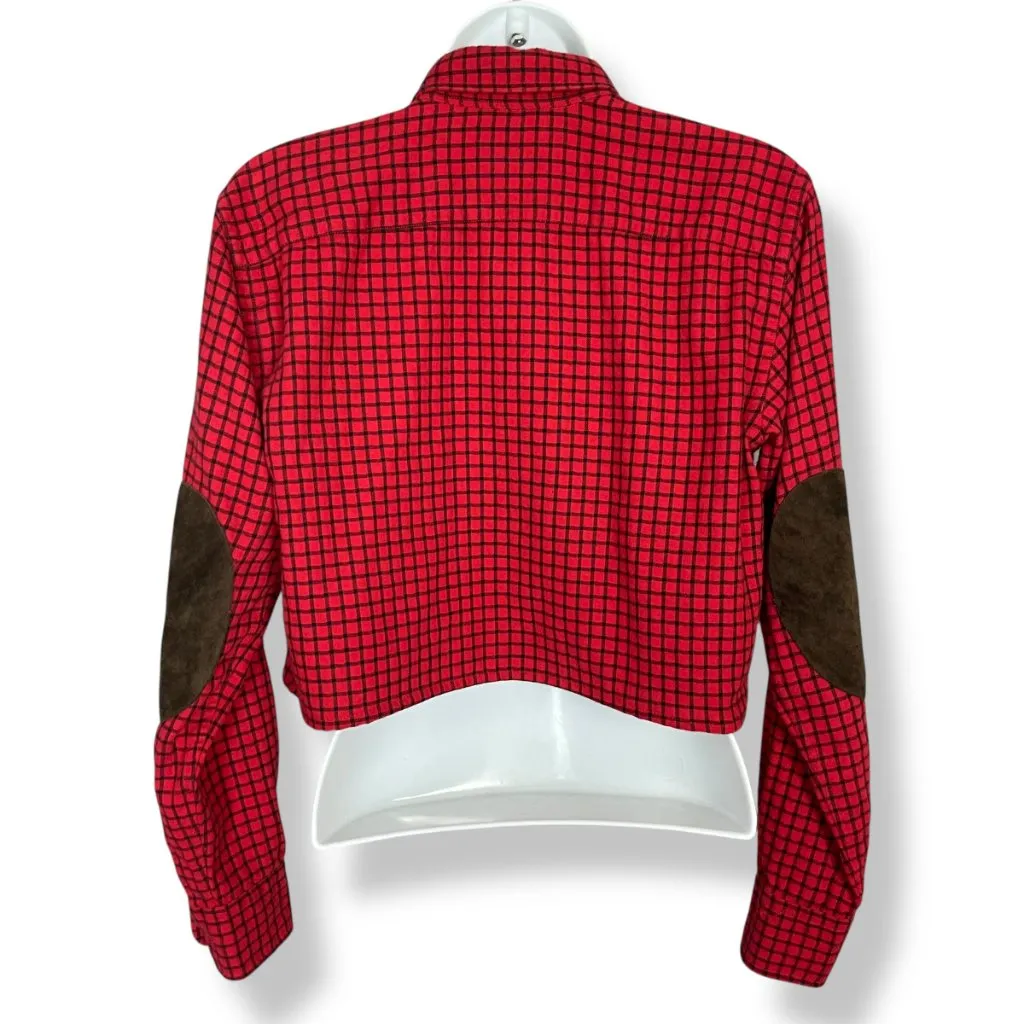 Ralph Lauren Sport Crop Top DIY Elbow Patches Red‎ Plaid Women Size 2 Oversized - Image 2