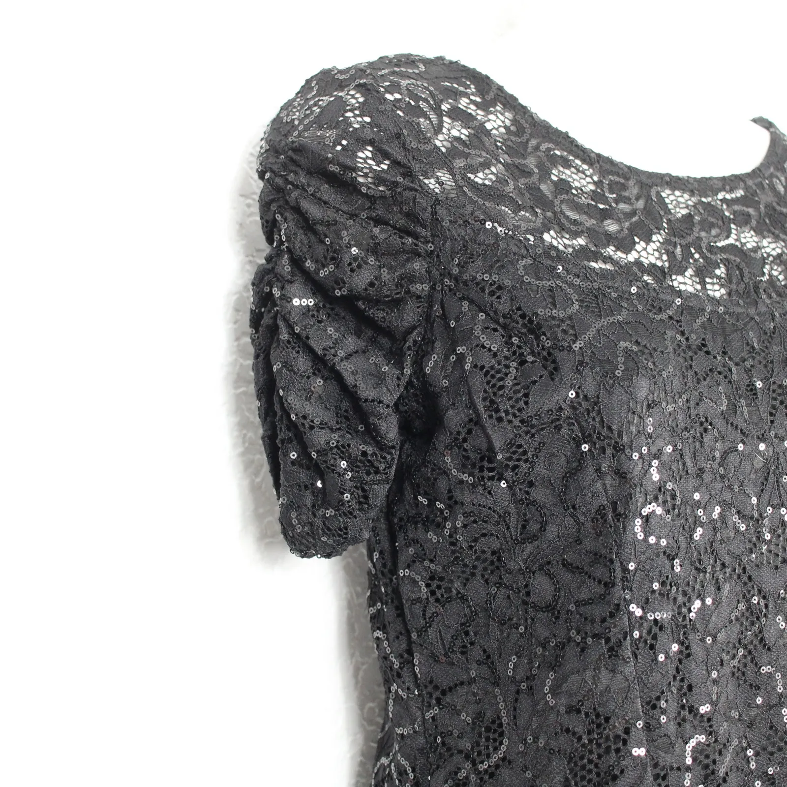 Marina Ruched Sleeves Lace Sequins Dress Size S V Neck Short Sleeve Black - Image 3
