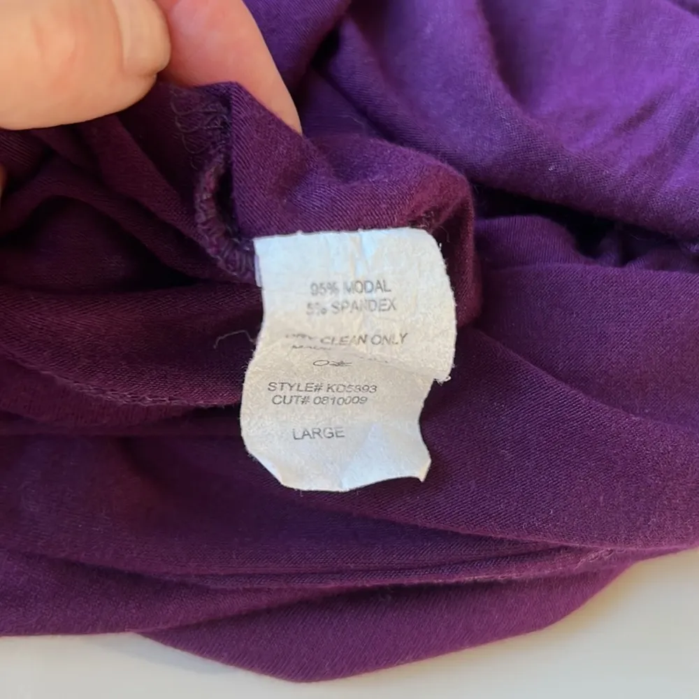 KLD Signature V Neck Drape Shoulder Puff Sleeve Loose Fit Mini Dress Purple L - Image 8