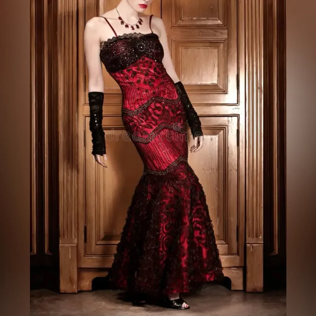 Vintage style stunning burlesque gothic black and red mermaid evening gown small - Image 7