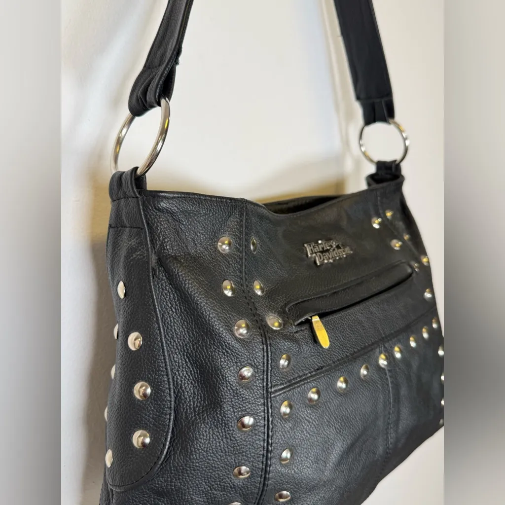 Vintage Harley Davidson Soft Pebbled Black Leather Studded Shoulder Bag Purse - Image 11