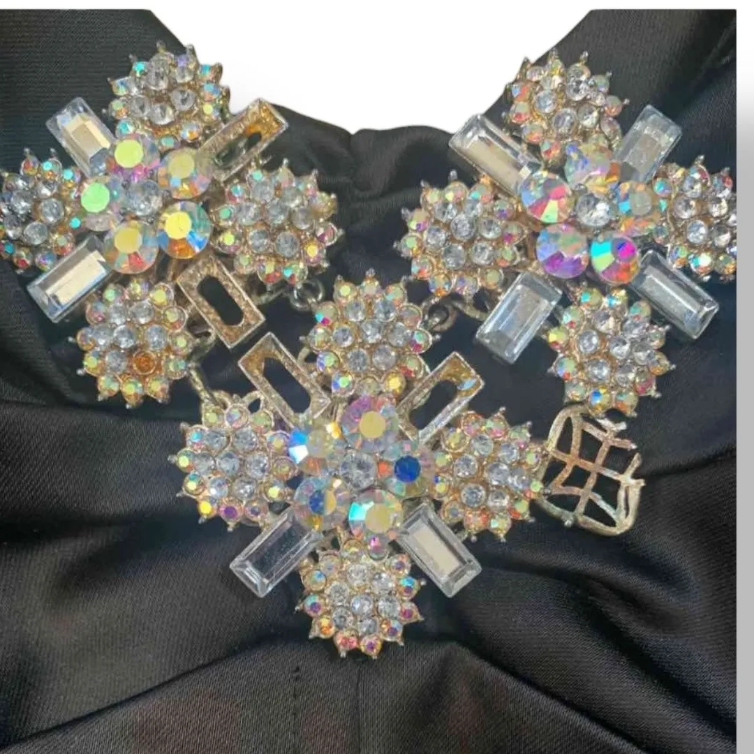 Vintage Cache Black Strapless Rhinestone Brooch Evening Gown XS Sheer Skirt - Image 9