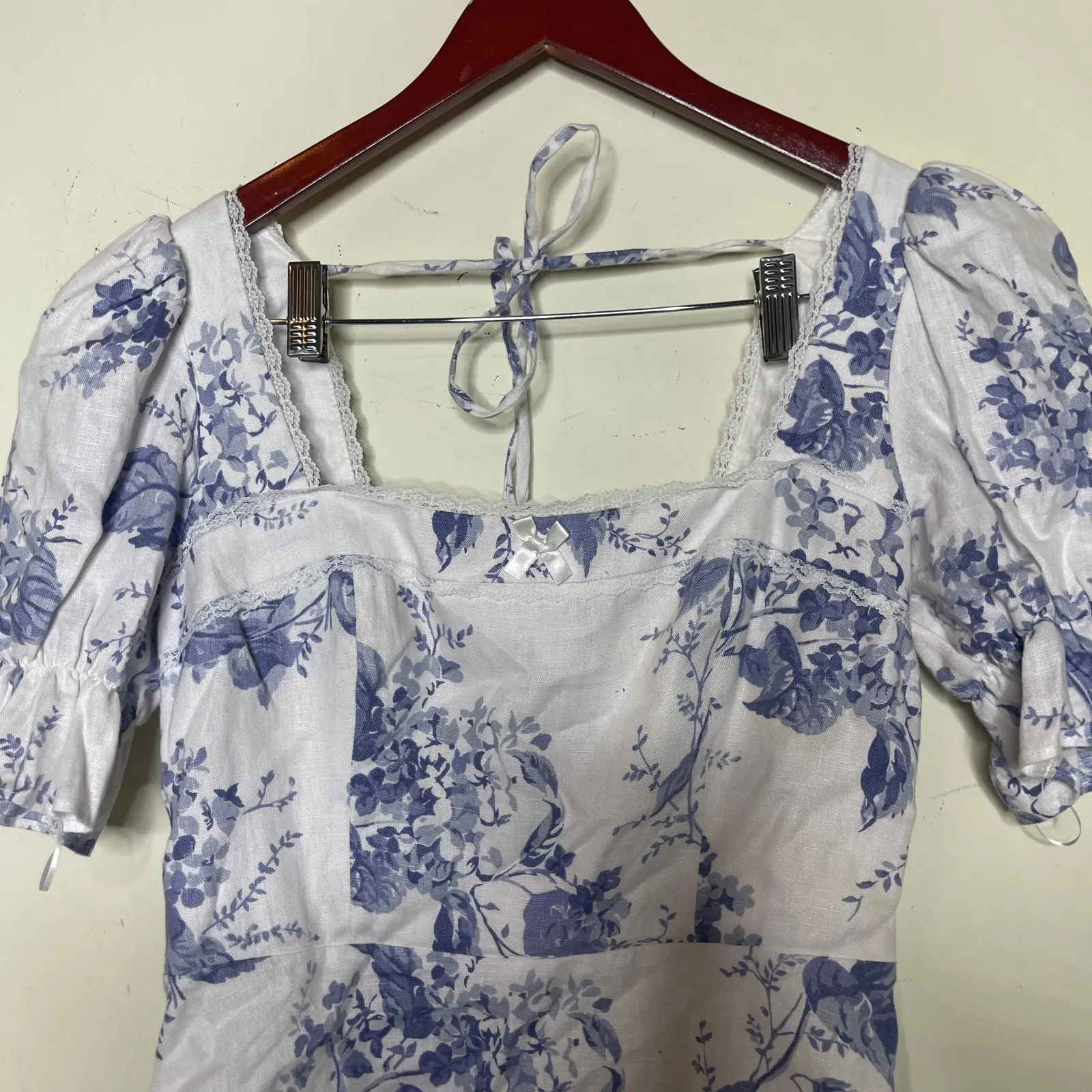 Reformation Evianna White Blue Floral Linen mini Dress sz 8 - Image 5
