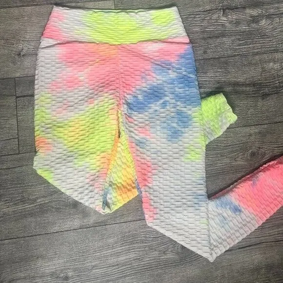 New Mix Tie Dye Size S/M Leggings Yoga Pants Scrunch Butt Womens Yellow Pink Blu - Image 2