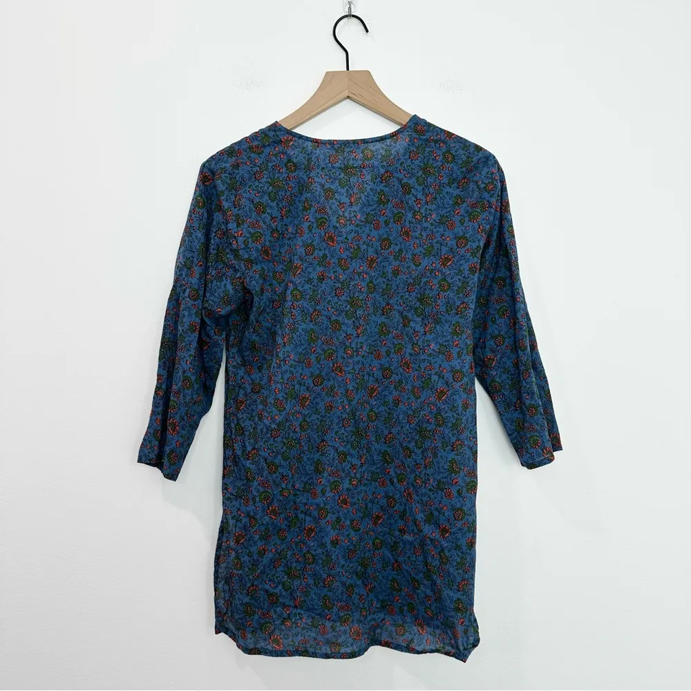 Roller Rabbit Blue Floral Kurta Tunic Top 3/4 Sleeve Boho Resort Wear size Small - Image 2