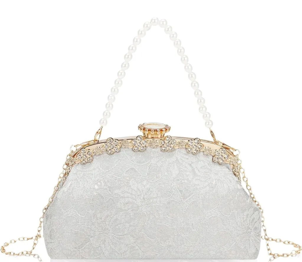 ⚡ Women's Silver Fabric Lace Pearl Chain Rhinestones Shoulder Clutch Bag - Image 1