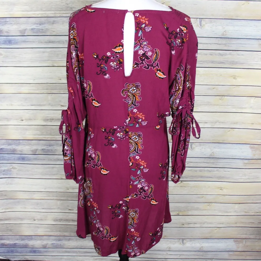 Paisley Tie Sleeve Boho Dress Wine Red Small - Image 5