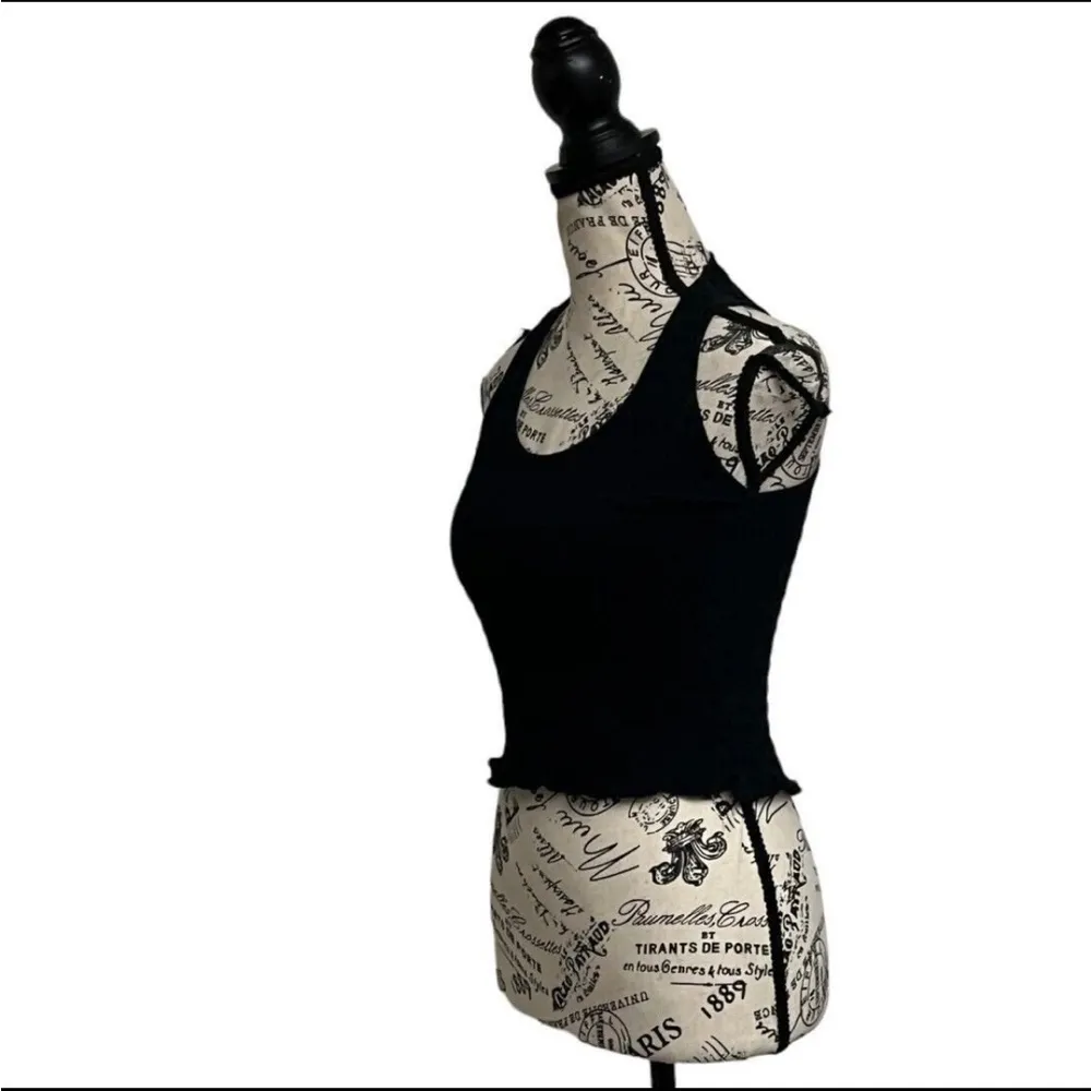 American Eagle Black Smocked Crop Top S | Ruffle Lettuce Hem Grunge Boho Biker - Image 3