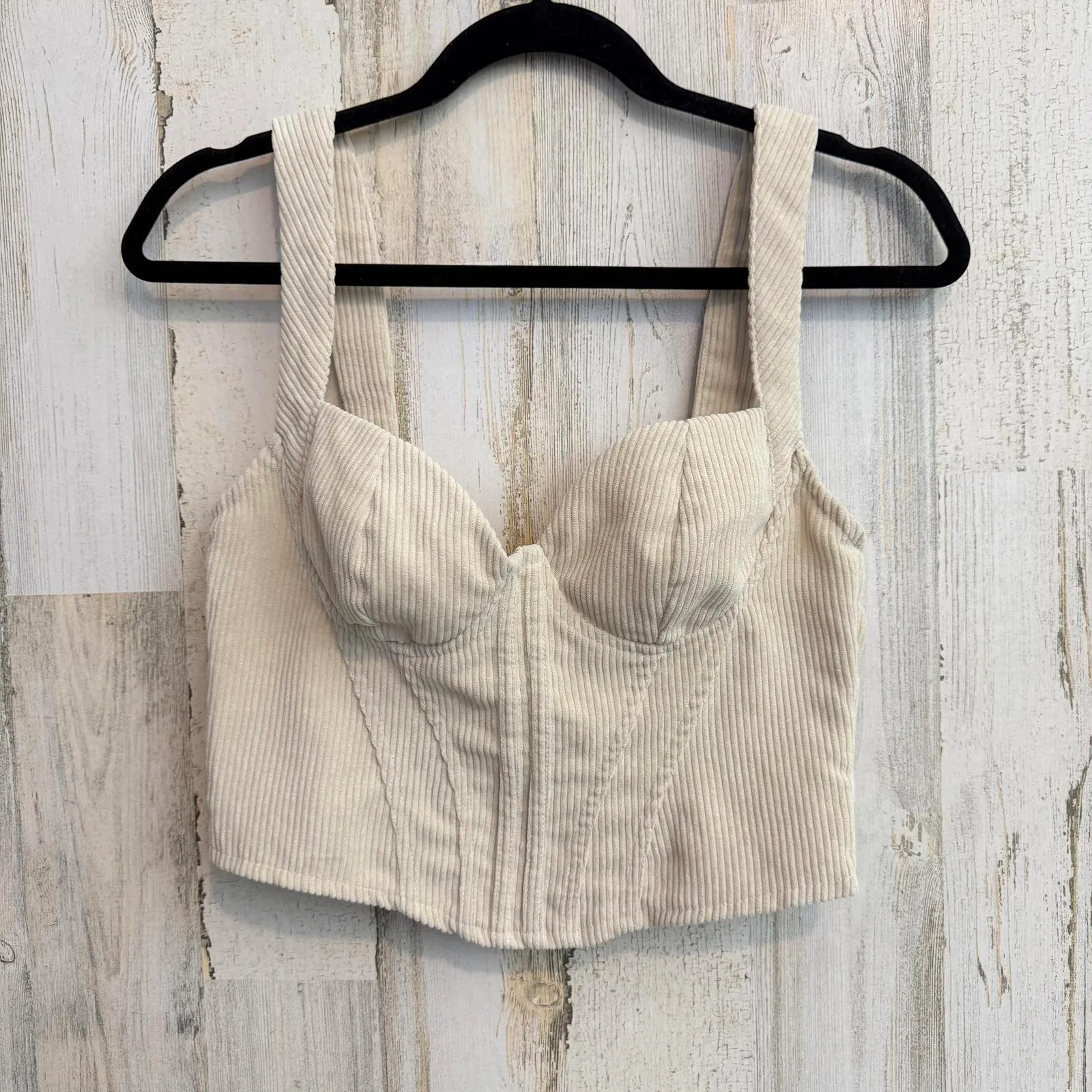 Cream Ribbed Corset Bustier Crop Top Zip Back Structured Tank Size Small Fashion - Image 3