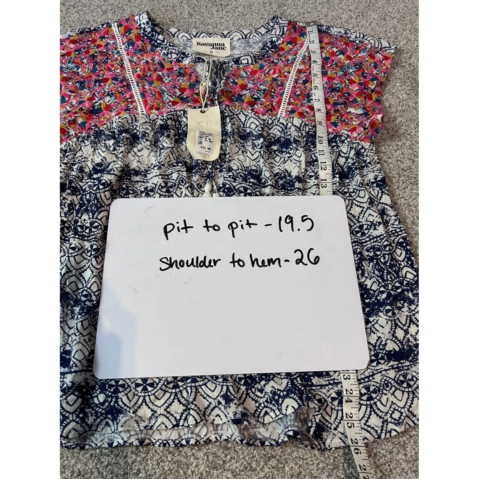 Savanna Jane Embroidered Tassel Tie Top Women's Medium Boho Floral Print Blue - Image 6