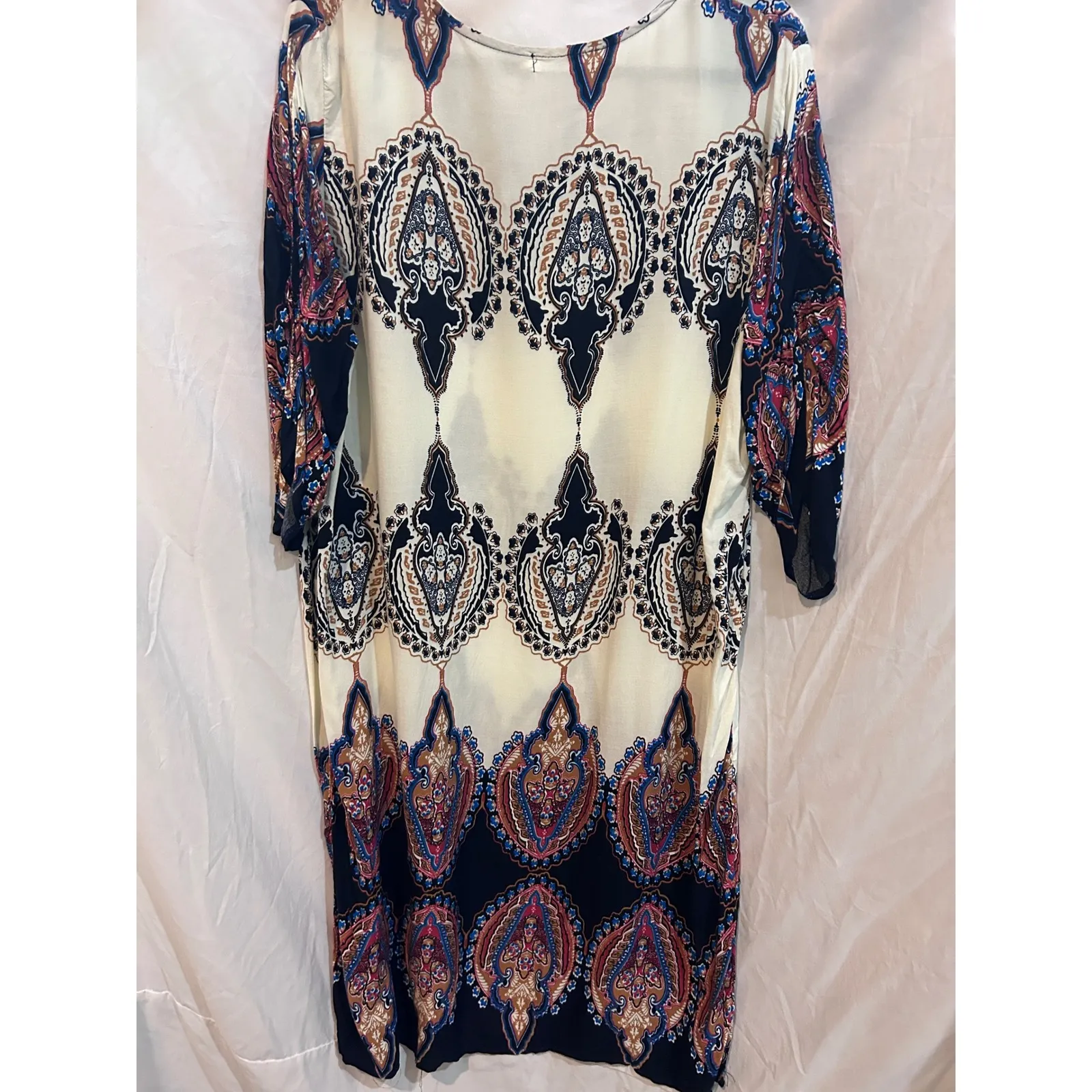 Halife Bohemian Paisley Print Tassel Tie Neck 3/4 Sleeve Shift Dress 2XL Black Size undefined - Image 7