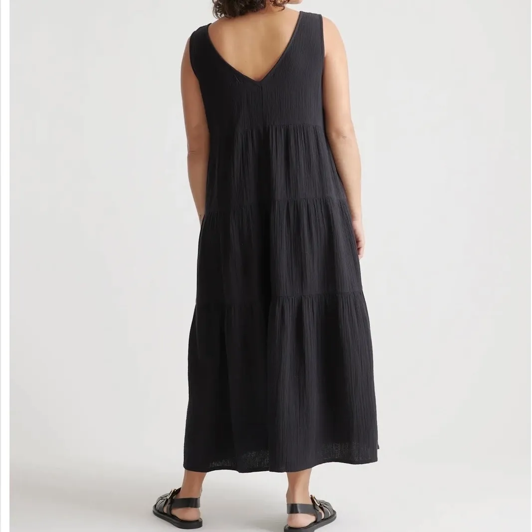 NWT Quince Women's Black 100% Organic Cotton Gauze Tiered Maxi Dress XS - Image 4