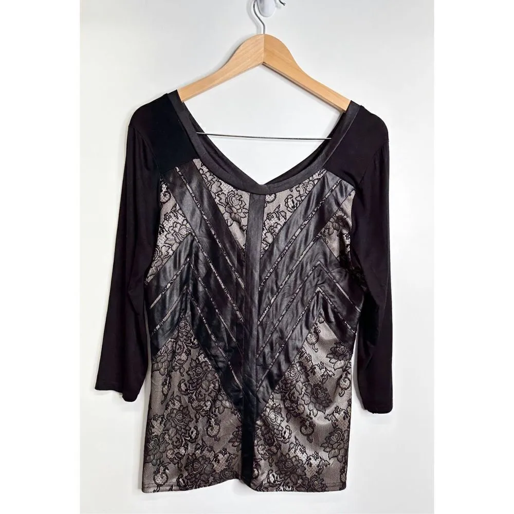 BKE Boutique Shirt Womens Black/Tan Lace Detailed 3/4 Sleeve Size Small - Image 2