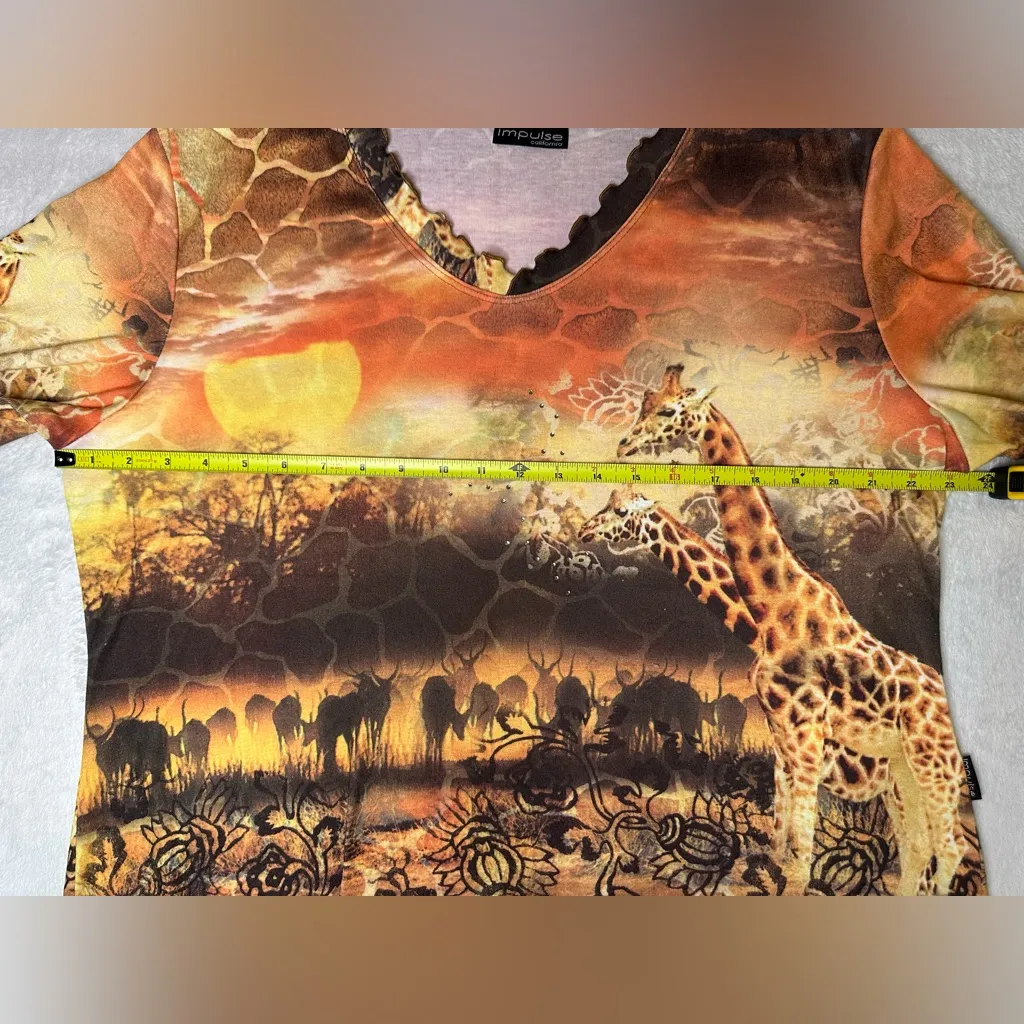 Impulse California Giraffe Lettuce Trim Long Sleeve Top Savanna Wildlife Animals Brown Size 2X - Image 11