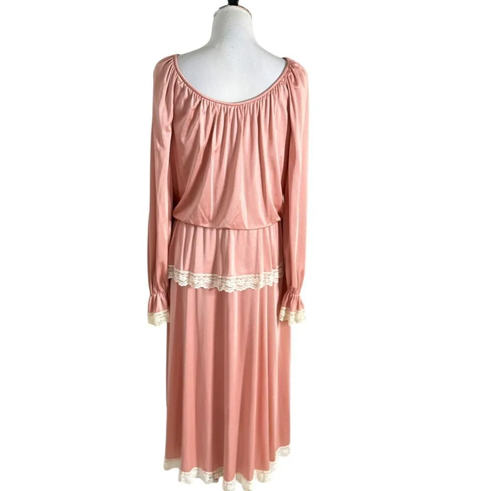 Vintage 70s Union Made Midi‎ Dress Size M Floral Lace Long Sleeve Pink Feminine Size M - Image 5