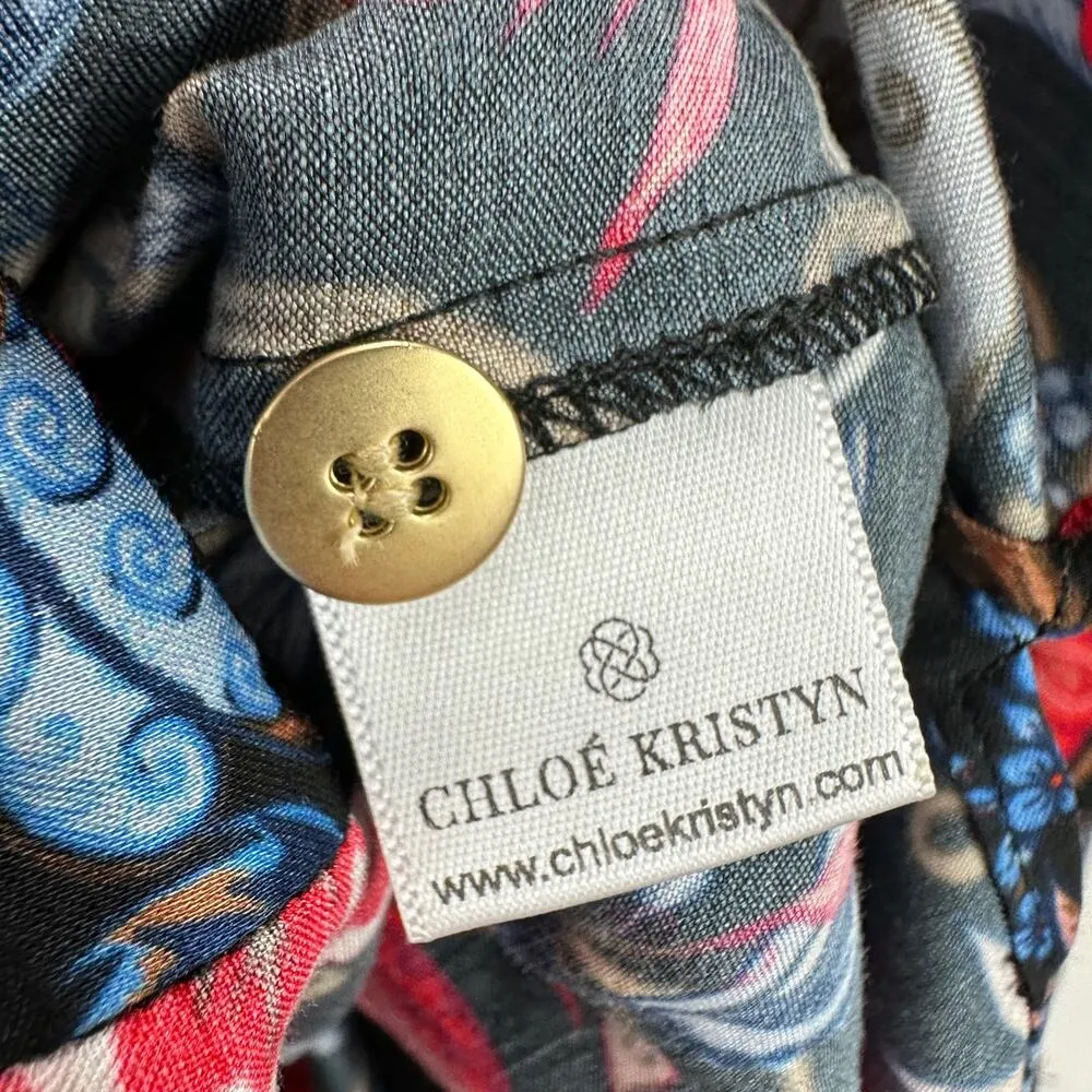 Chloe Kristyn Fleur Noir Erin Blouse Floral Long Sleeve Satin Boho Viscose XS Black - Image 7