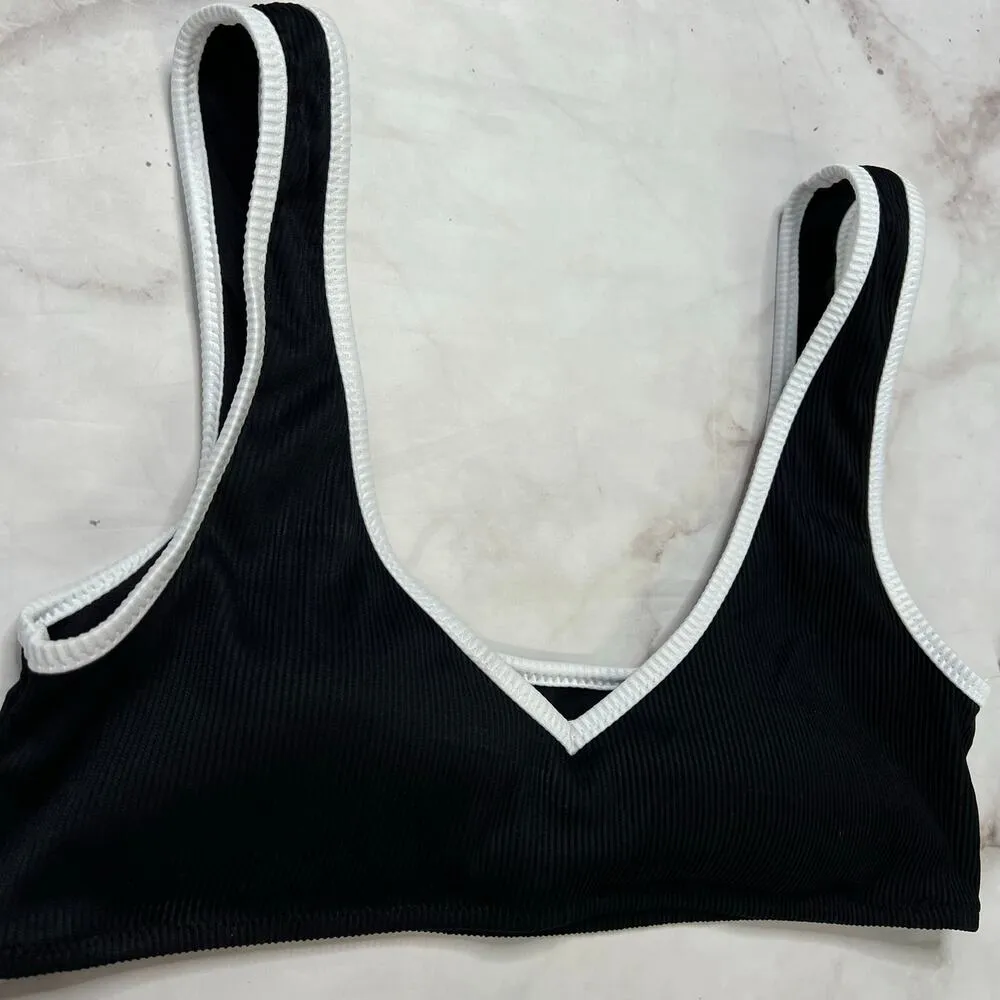 Raisins Juniors Shore Colorblocked V-Neck Ribbed Bikini Top Size XL Black White - Image 3