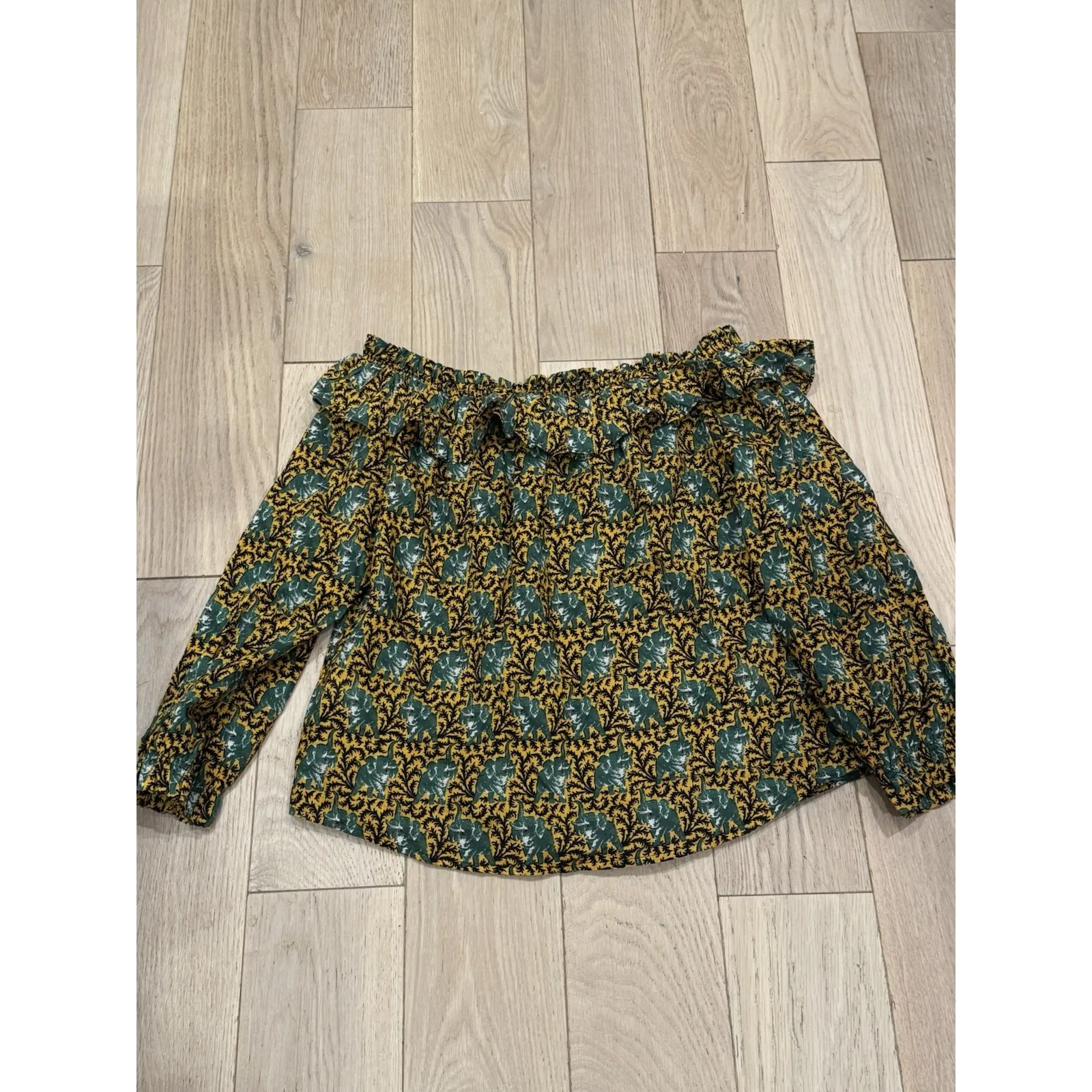 J Crew Novelty Elephant Bohemian Animal Print‎ Ruffle Blouse Travel Safari Sz 2 - Image 8