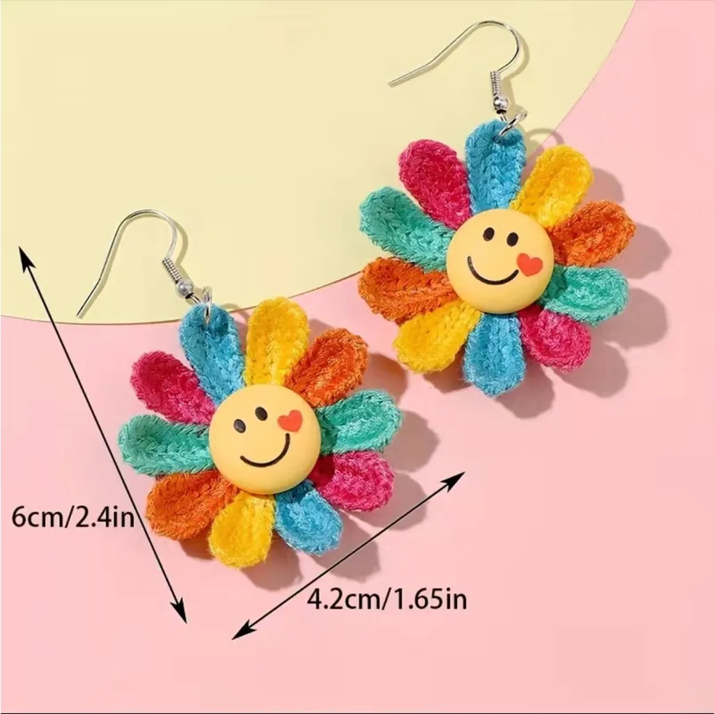Rainbow Color Sunflower Smiling‎ Face Design Dangle Earrings Cute Knit Style Yellow - Image 4