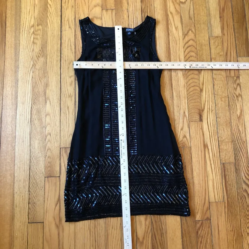 Adrianna Papell EUC Women's Black Beaded Silk Cocktail Dress Size 4P - Image 2