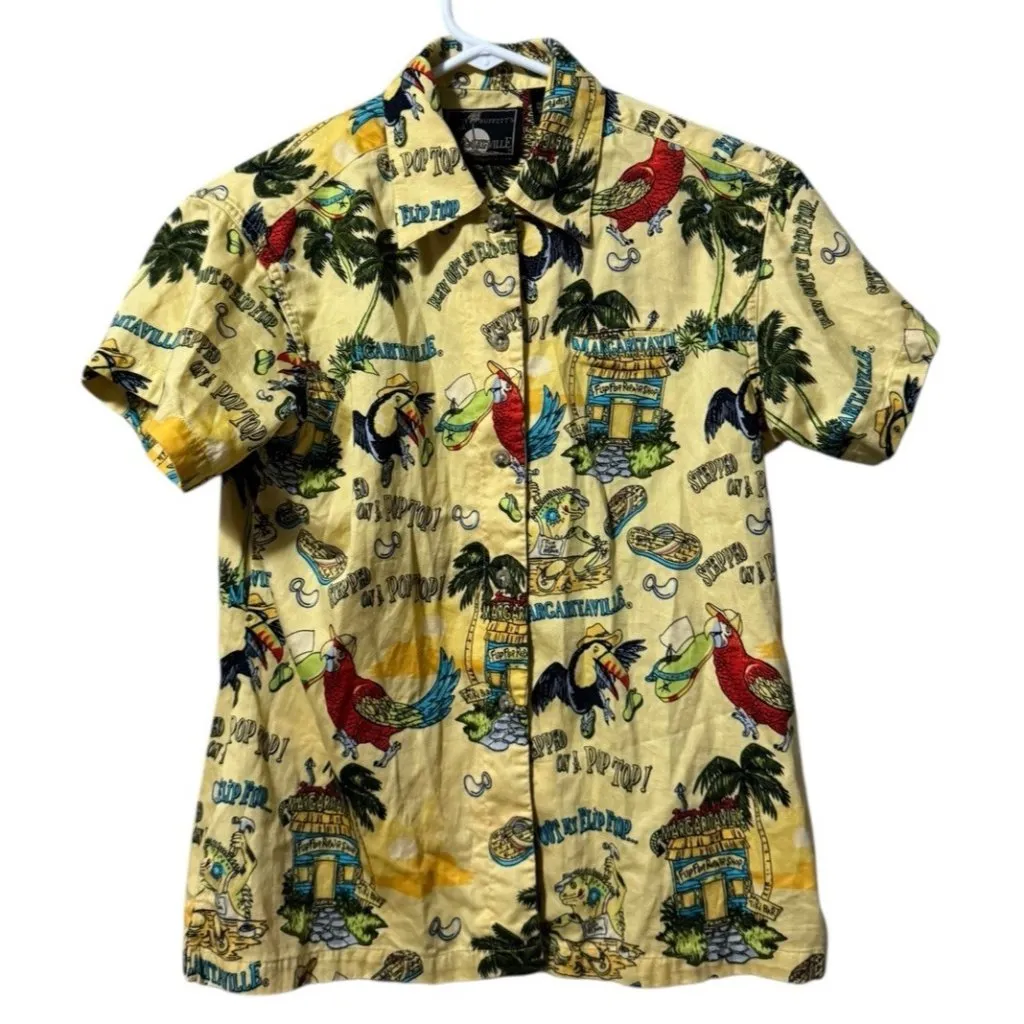 Jimmy Buffett Women Size Medium Button Down Hawaiian Tropical Short Sleeve Shirt Yellow - Image 1