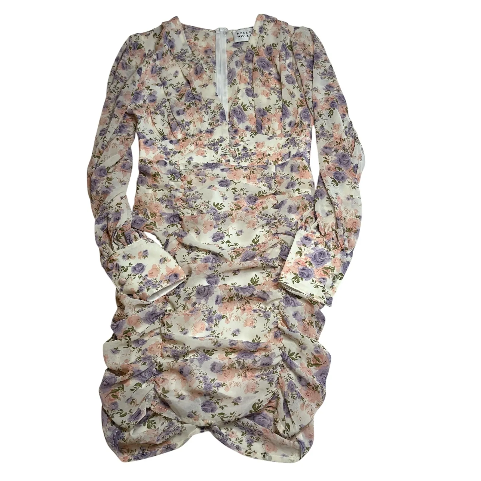 Hello Molly XS  Floral Mini Deep V Dress Long Sleeve‎ Ruched Bodycon Party - Image 2