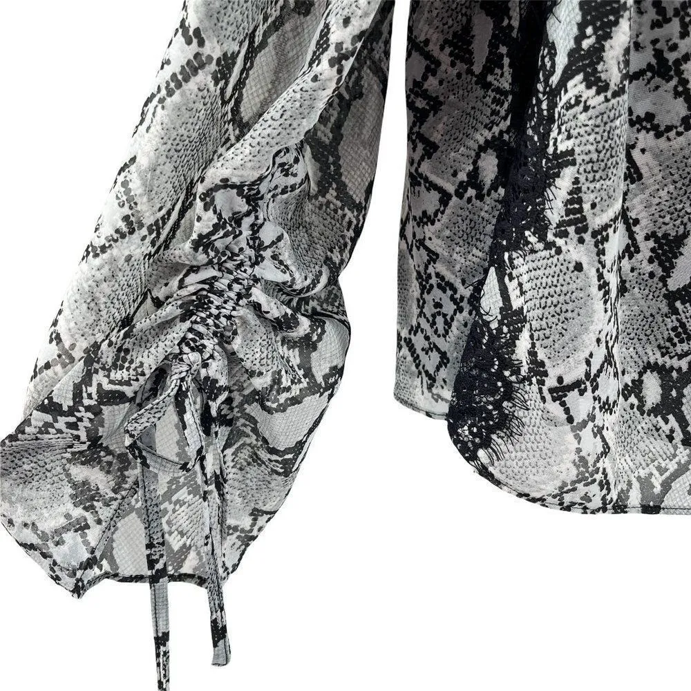 Miss Me Sweet Love Off Shoulder Long Sleeve Snake Skin Print Lace Top Small - Image 95