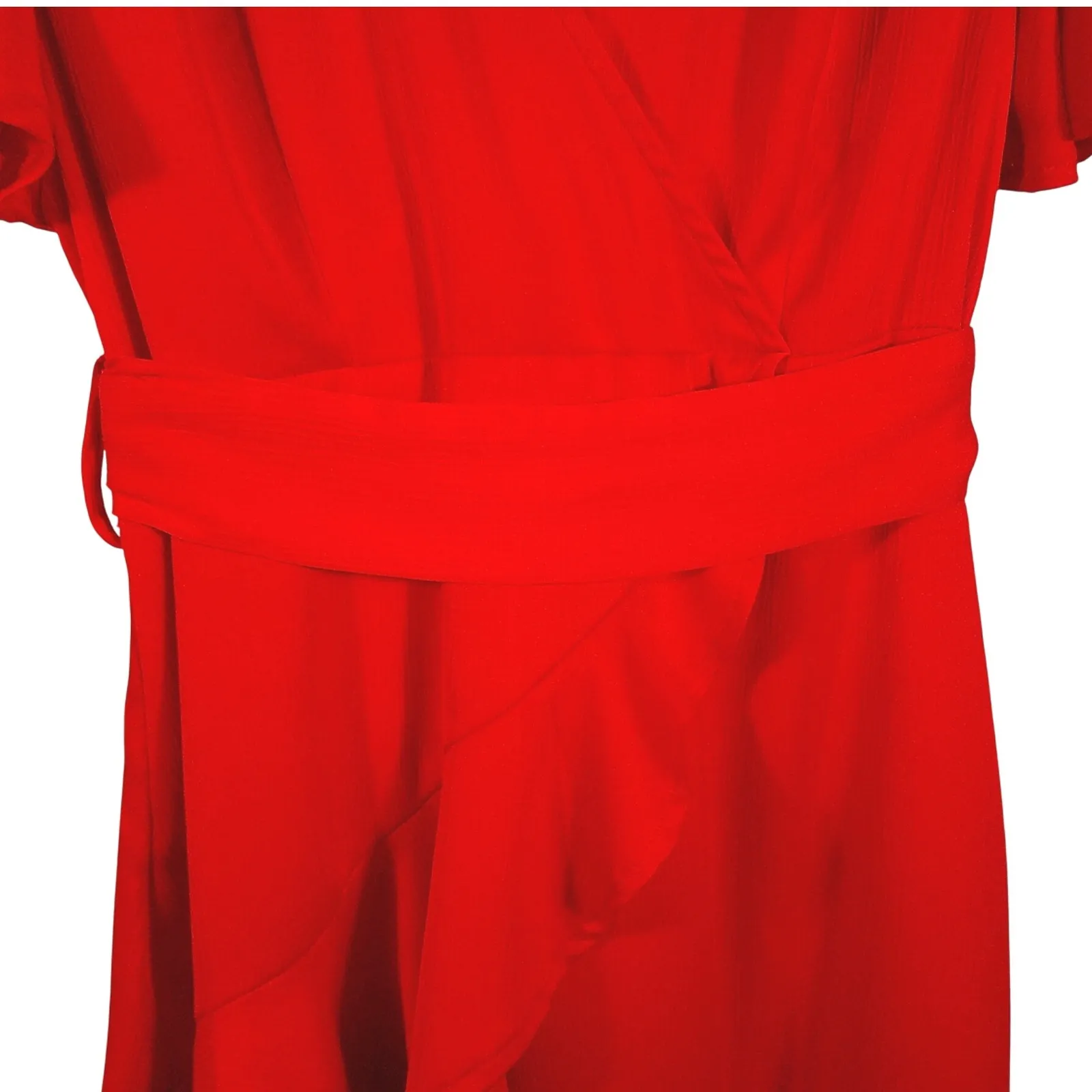 Saints + Secrets Red Flutter Sleeve Wrap Ruffle Hem Tie Belt Dress Size L - Image 4