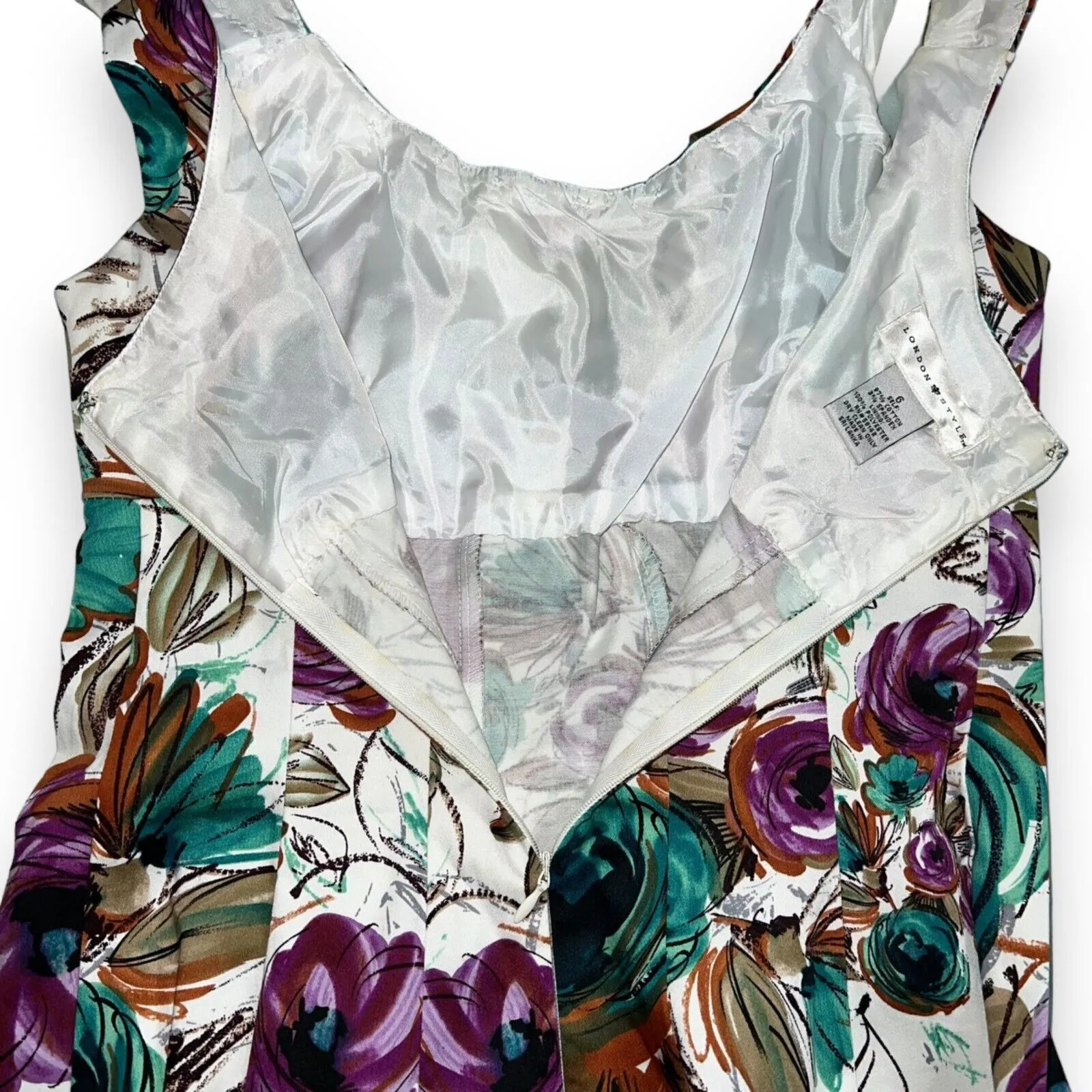 London Style Womens Party Dress Floral Sleeveless Fit n Flare Purple Green Sz 6 - Image 6