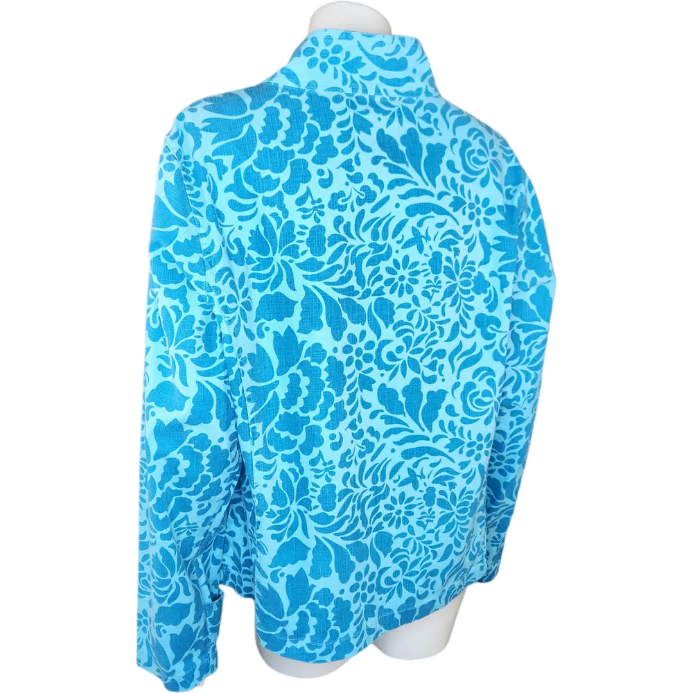 Coldwater Creek Medium Blue Floral Denim Jacket Snap Button Mock Neck Career NWT - Image 9