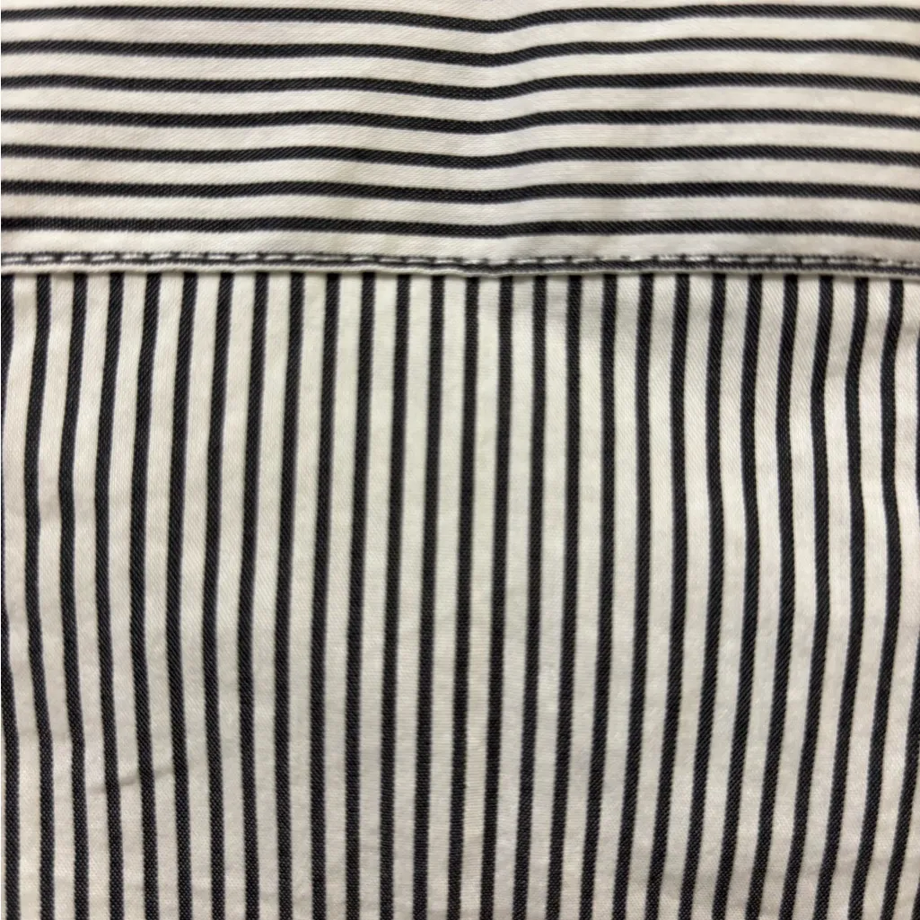 Express Design Studio 90’s Tailored Striped Ruffle Blouse Sz S French Cuff Navy Blue - Image 4