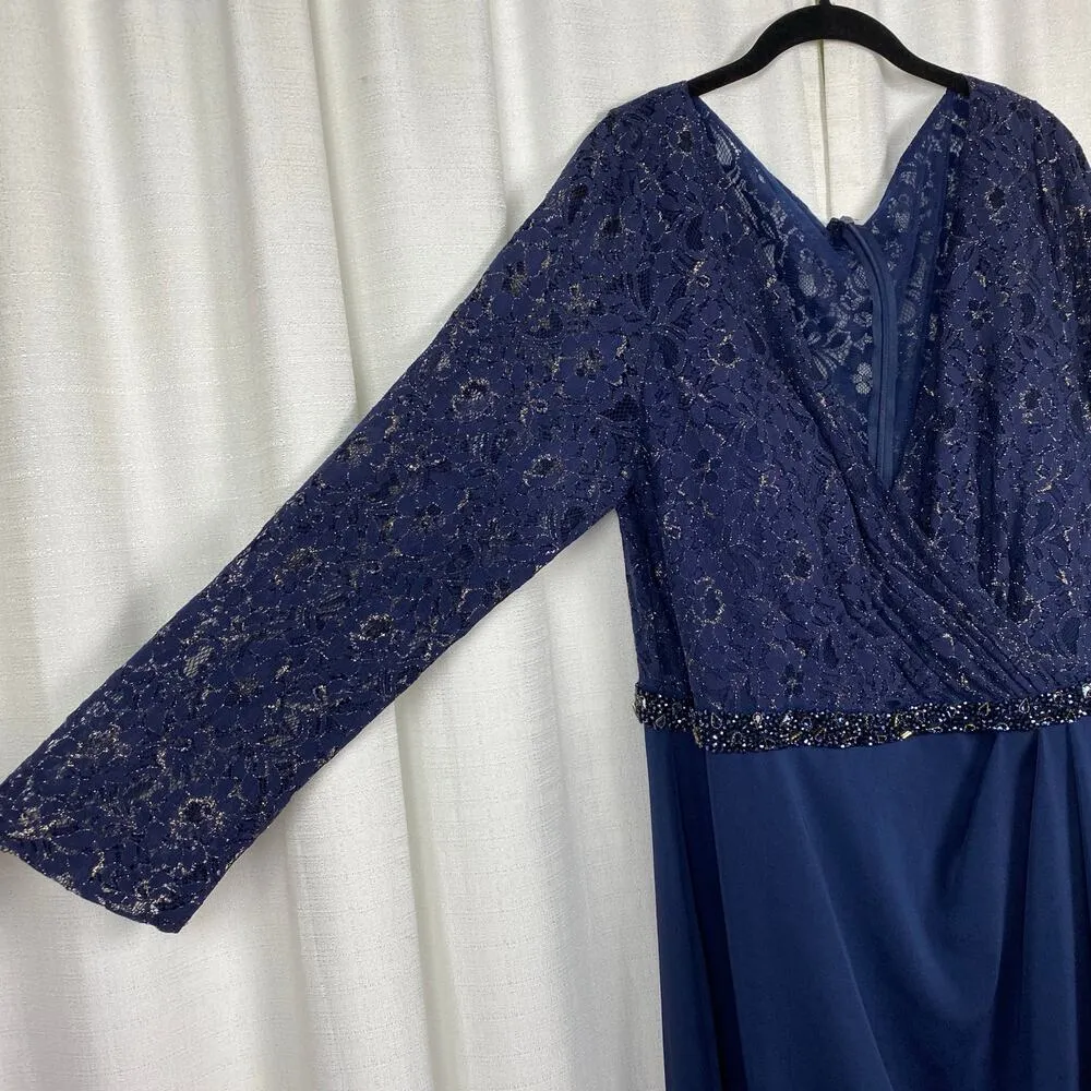 Mac Duggal Midnight Blue Fabulous Lace Illusion Bodice Beaded Belt Gown Sz.22W - Image 9