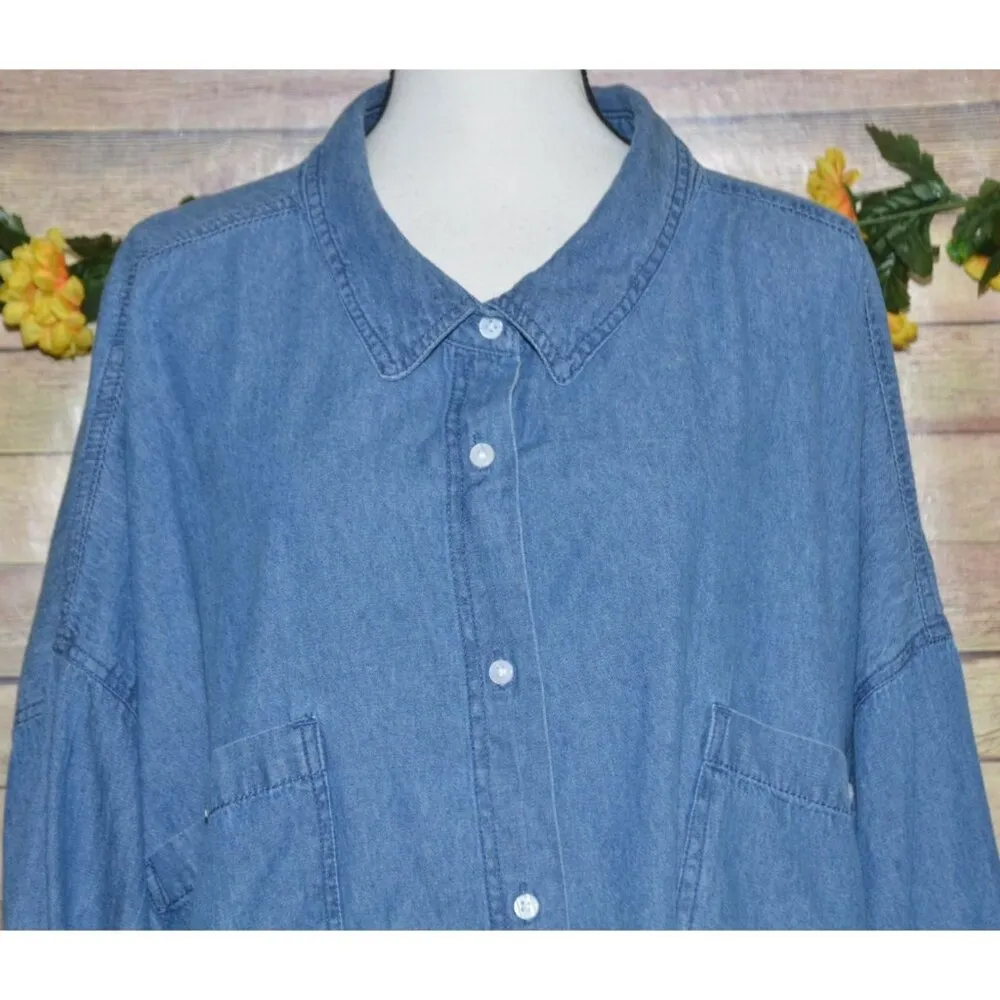 ELLOS Denim Tunic Top Oversized 3X 30/32 Button Front Shirt Side Slits Comfy Blue - Image 3