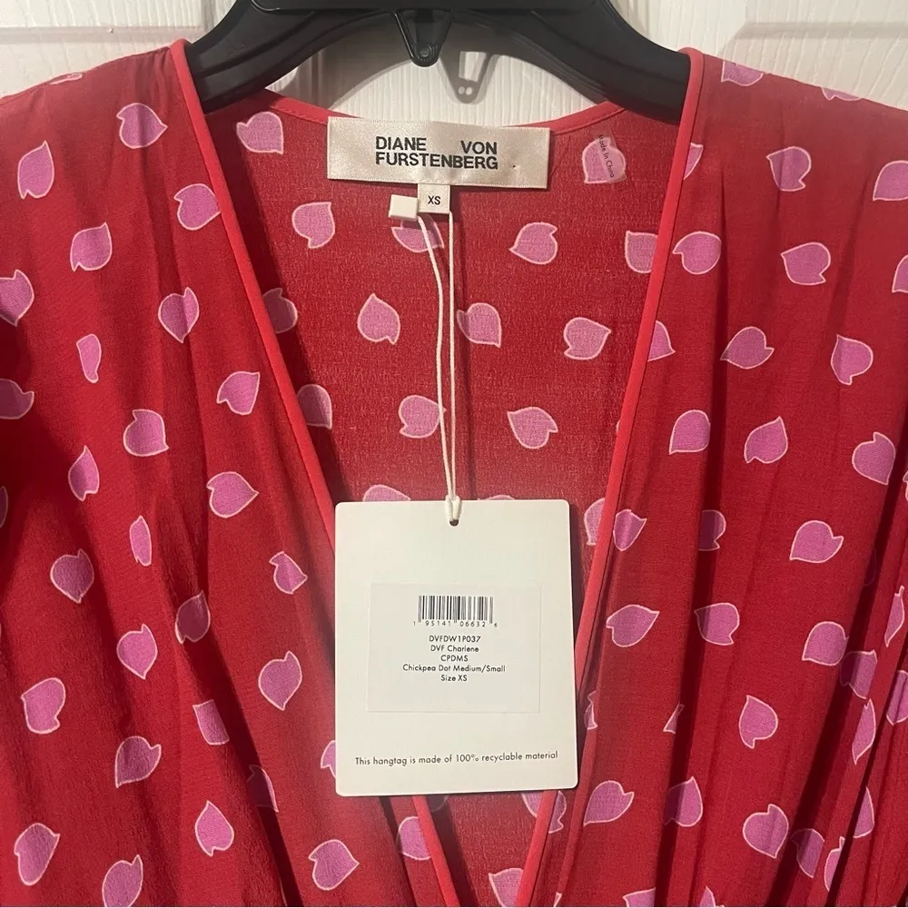 NWT Diane Von Furstenburg Charlene Mini Wrap Dress XS Chickpea Dot Pink Red - Image 4