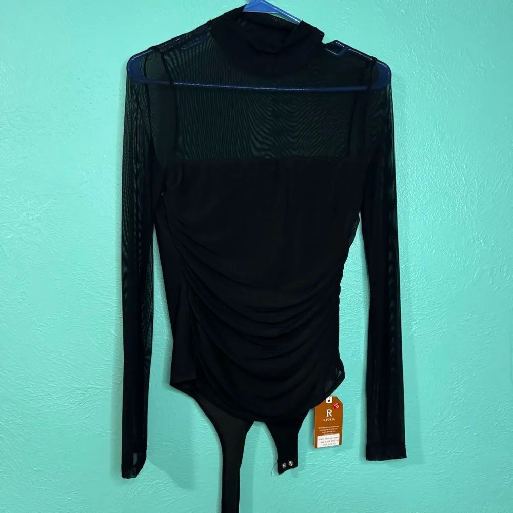 Reoria Black Mesh Mock Turtle Neck Bodysuit NWT Med going out date night - Image 2