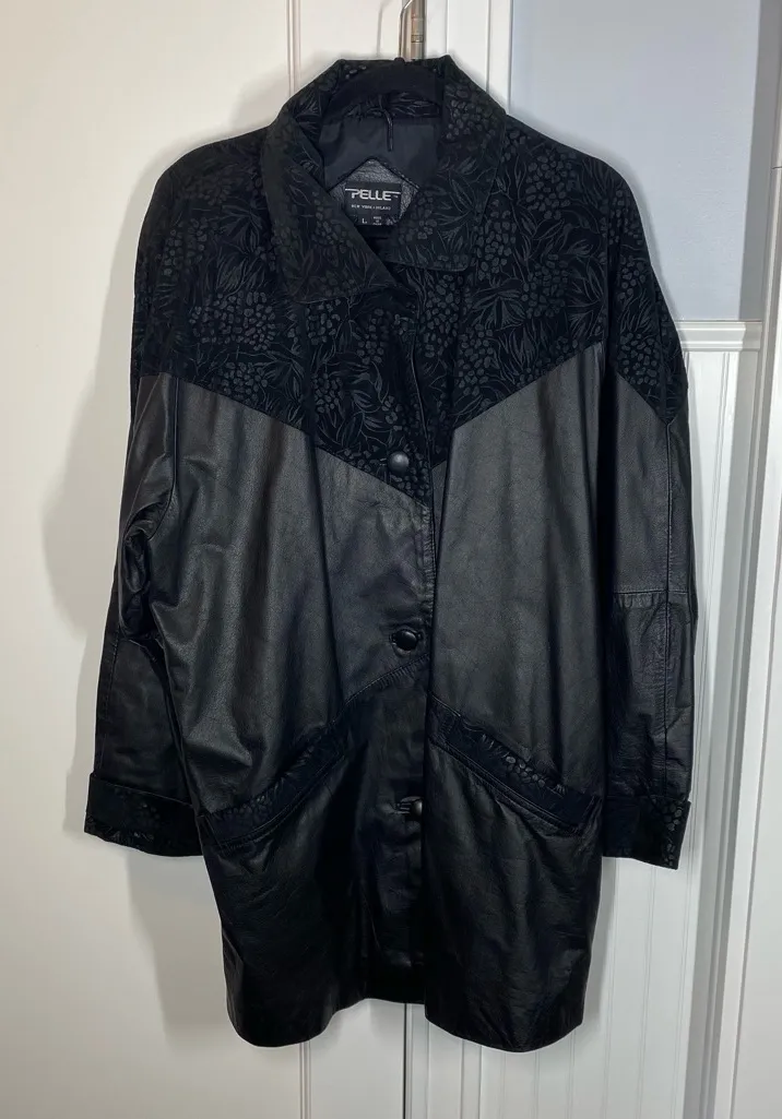 Vintage Pelle Genuine Leather Embossed Jacket oversized size large western vtg Black - Image 1