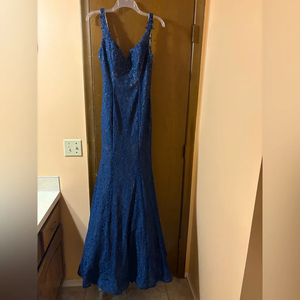 La Femme 23413 Blue Lace Jeweled Mermaid Gown - Image 3