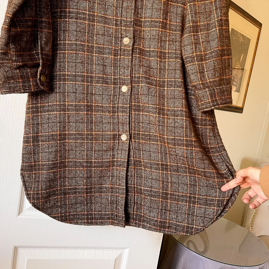 Frank & Eileen Gavin Shirt Jacket Bouclé Wool Orange Brown Plaid Medium EUC - Image 3