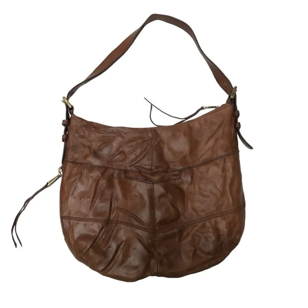 Hobo International Brand Camel Leather Shoulder Bag with Blue Floral Liner Brown - Image 3