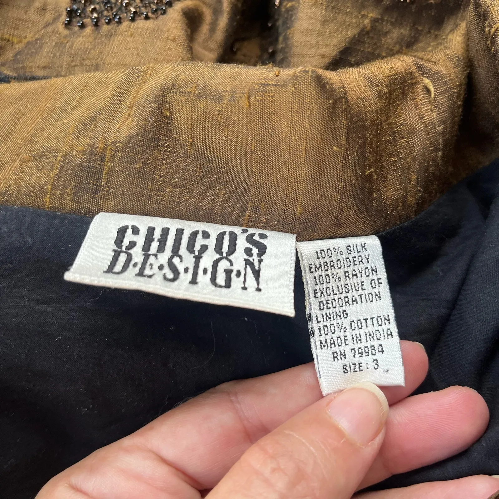 Vtg Chico's Silk Beaded Womens Jacket Sz 16 Boho Artsy Witchy Lagenlook Olive 90 Green - Image 10