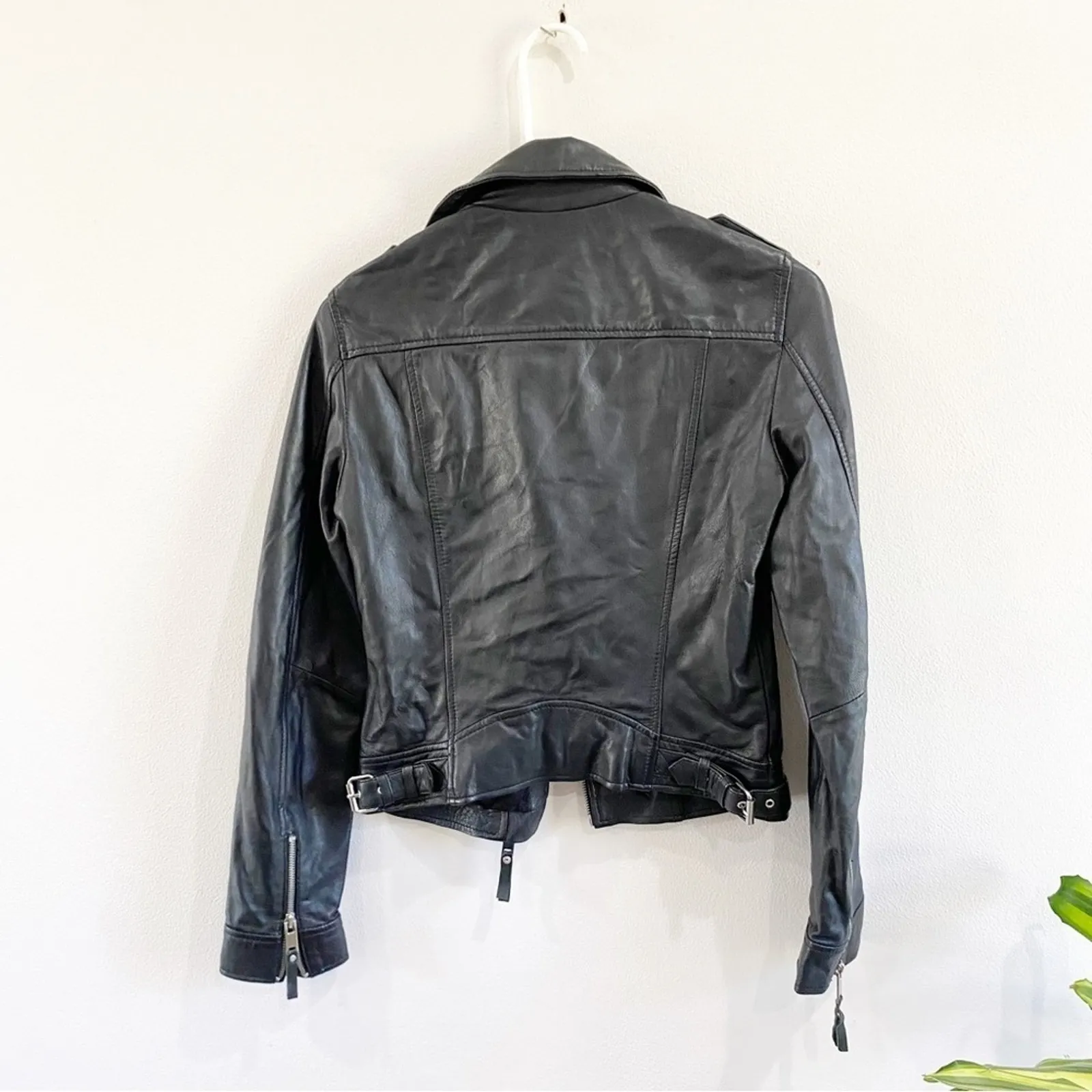ZARA Genuine 100% Sheep Leather Moto Biker Jacket Black Zip Hardware Size - Image 4